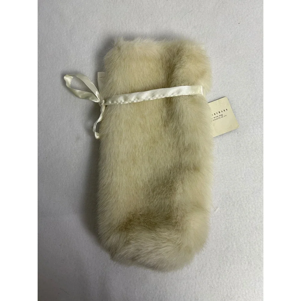 Luxury Glam Pottery Barn Ivory Faux Fur Wine Bottle Gift Bag Ribbon